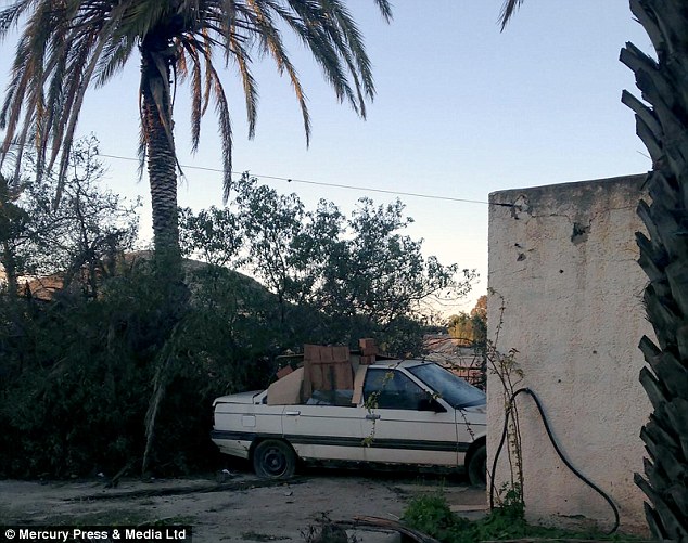 The abandoned car which Vera gave birth to her puppies in is pictured with windows covered in cardboard boxes 