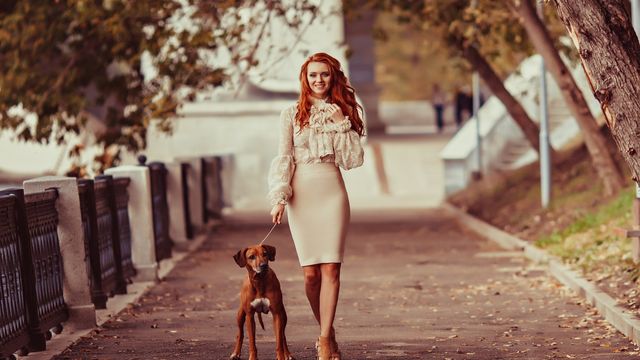 Девушка с собакой на прогулке